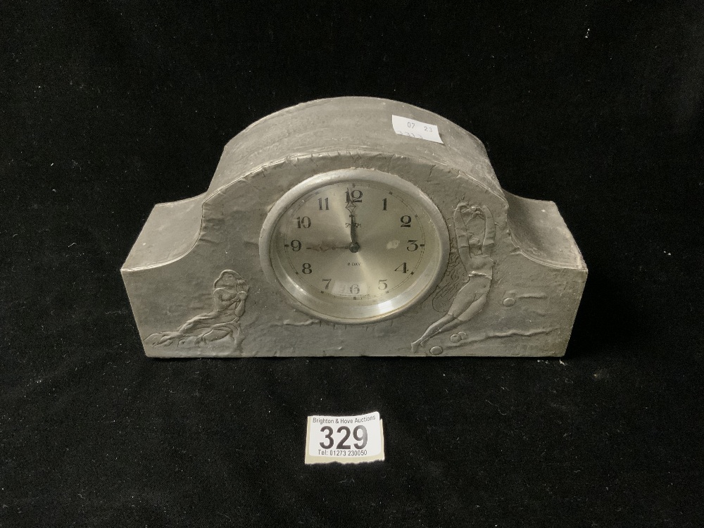 ART NOUVEAU STYLE BEATEN PEWTER MANTEL CLOCK BY SMITHS; 25CM