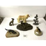 SPELTER FIGURE OF ALSATIAN, BRONZE GREYHOUND, BRONZE RETRIEVER ON BASE, BRONZED GREYHOUND DOG AND