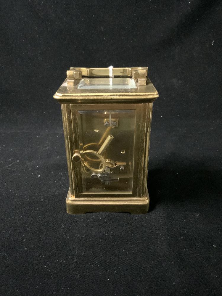 BRASS CARRIAGE CLOCK WITH ENAMEL WHITE DIAL; 12CM; W/O WITH KEY - Image 3 of 3