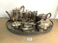 SILVER PLATED 3 PIECE COFFEE SET AND TEA SET, SILVER PLATED GALLERIED TRAY AND HOTEL PLATED ITEMS.