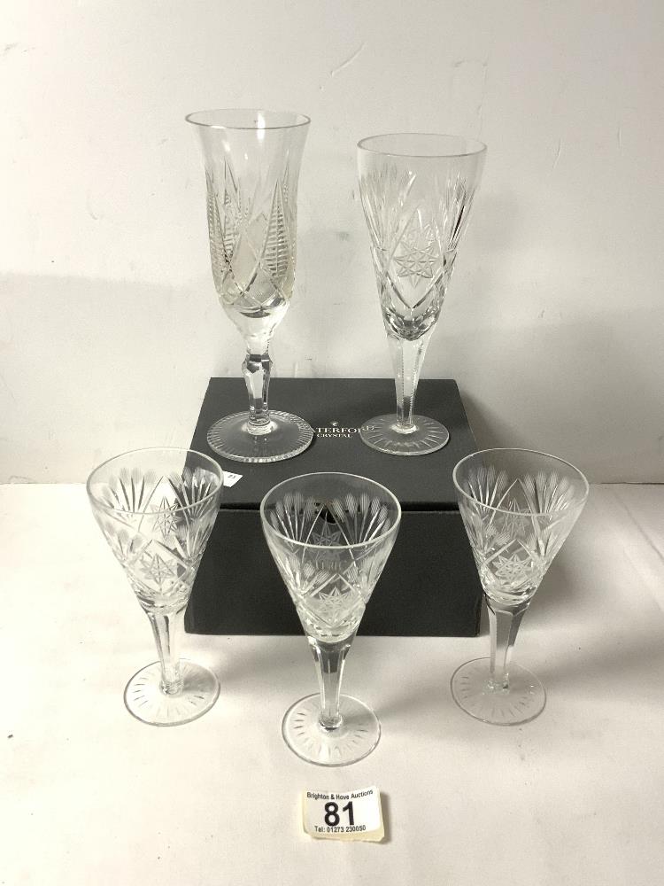 SET OF FOUR WATERFORD CRYSTAL CUT GLASS TUMBLERS, 2 CUT GLASS FLUTES AND 3 SHERRY GLASSES.