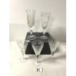 SET OF FOUR WATERFORD CRYSTAL CUT GLASS TUMBLERS, 2 CUT GLASS FLUTES AND 3 SHERRY GLASSES.