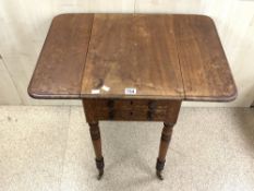 VICTORIAN MAHOGANY DROP LEAF TWO-DRAWER WORK TABLE ON TURNED LEGS, 38X54X73 CM.