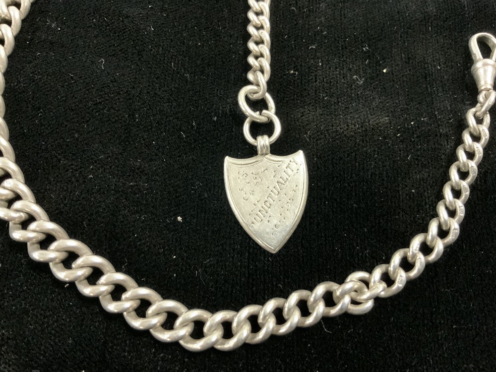 EDWARIAN HALLMARKED SILVER WATCH CHAIN; 36CM. BIRMINGHAM 1902 WITH SHIELD SHAPED FOB; 47 GRAMS - Image 2 of 3