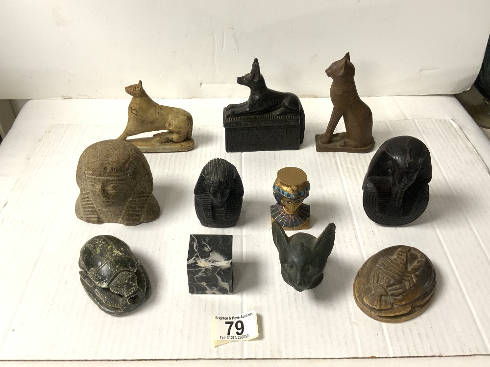 EGYPTIAN CARVED STONE TOURIST SCARABS AND OTHER ITEMS.
