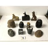 EGYPTIAN CARVED STONE TOURIST SCARABS AND OTHER ITEMS.