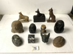 EGYPTIAN CARVED STONE TOURIST SCARABS AND OTHER ITEMS.