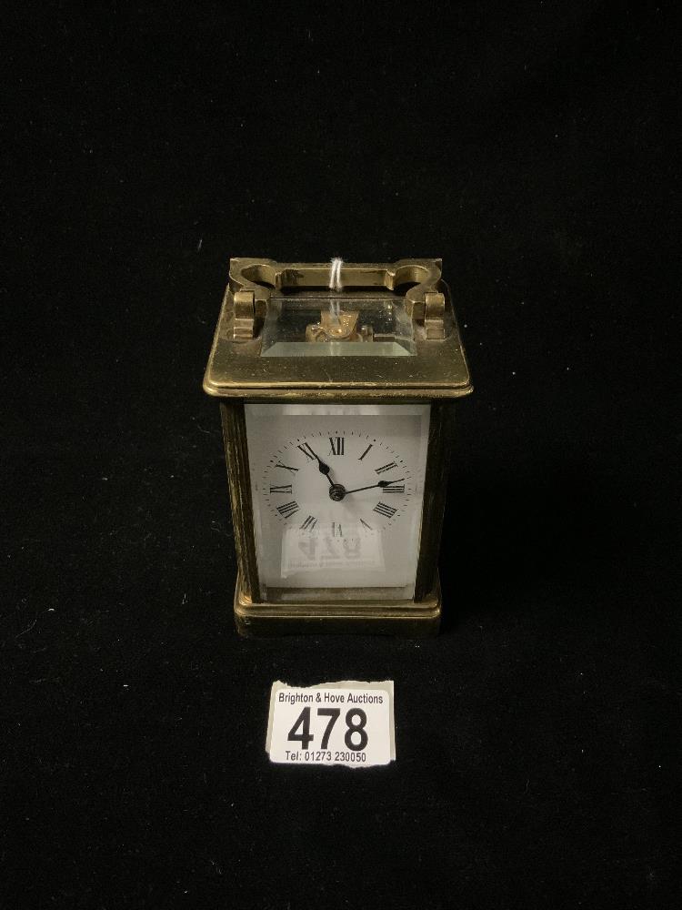 BRASS CARRIAGE CLOCK WITH ENAMEL WHITE DIAL; 12CM; W/O WITH KEY