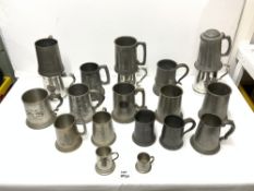 A COLLECTION OF PEWTER TANKARDS WITH MILITARY INSCRIPTIONS AND RIFLE CLUB ETC.