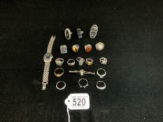 A QUANTITY OF 925 SILVER RINGS AND OTHERS NOT MARKED AND A LADY'S STEEL CARTIER STYLE WRISTWATCH.