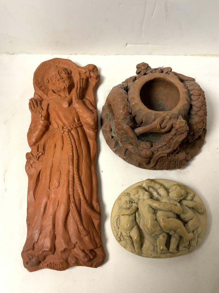 SEVEN OVAL MINIATURE PLAQUES OF CHERUBS, ANOTHER OF PUTTI AND TWO RED POTTERY PIECES. - Image 3 of 4