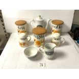 CROWN DEVON 1970s FLORAL PATTERN STORAGE JARS, FLOUR AND SUGAR SIFTERS AND WOODS COFFEE POT WITH