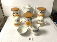 CROWN DEVON 1970s FLORAL PATTERN STORAGE JARS, FLOUR AND SUGAR SIFTERS AND WOODS COFFEE POT WITH