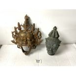 A 20TH-CENTURY TIBETAN BRONZE MAHAKALA MASK AND ASIAN IRON BUDDHA HEAD.