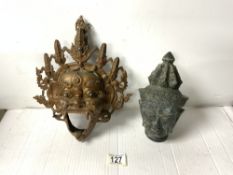 A 20TH-CENTURY TIBETAN BRONZE MAHAKALA MASK AND ASIAN IRON BUDDHA HEAD.