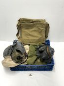PILOTS HEAD GEAR, MILITARY GAS MASK, TWO MILITARY COPY WRISTWATCHES, MILITARY CANVAS SHOULDER BAG,