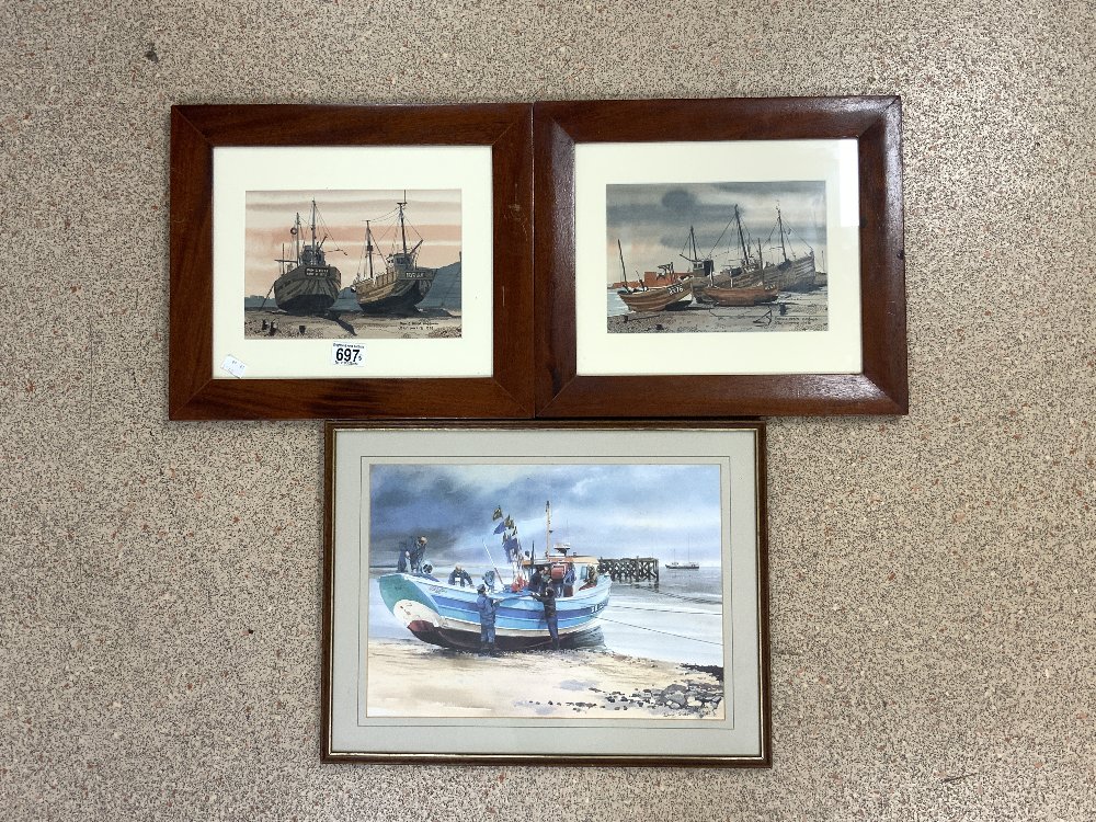 TWO JOHN WOOD 1970S WATERCOLOURS WITH ONE OTHER PRINT FISHING BOATS ON THE BEACH ALL FRAMED AND