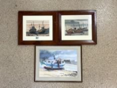 TWO JOHN WOOD 1970S WATERCOLOURS WITH ONE OTHER PRINT FISHING BOATS ON THE BEACH ALL FRAMED AND