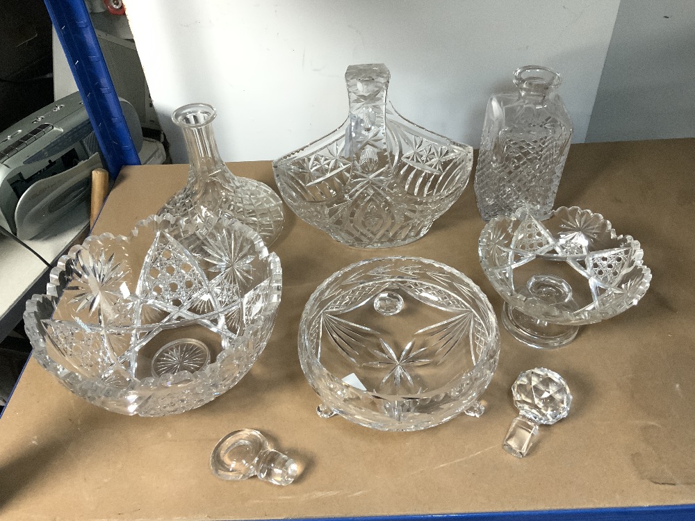 TWO CUT GLASS DECANTERS, CUT GLASS BASKET AND 3 CUT GLASS BOWLS. - Image 3 of 3