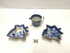 EARLY 19TH-CENTURY SPODE PORCELAIN BLUE AND WHITE WILLOW PATTERN LEAF-SHAPED PICKLE DISH, ANOTHER