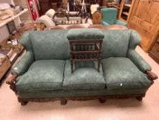 LARGE THREE SEATER SOFA WITH CARVED FRAME AND MATCHING STOOL