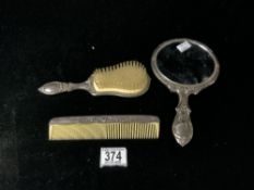 SILVER-PLATED HAND MIRROR, BRUSH AND COMB.