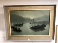 OIL ON CANVAS OF ORIENTAL JUNK BOATS, SIGNED F FUNG; 74X49 CMS.