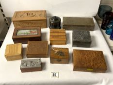 CARVED ORIENTAL SANDLEWOOD BOX, OTHER MIXED WOODEN BOXES AND TWO PEWTER MOUNTED CIGARETTE BOXES.