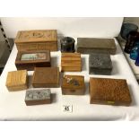 CARVED ORIENTAL SANDLEWOOD BOX, OTHER MIXED WOODEN BOXES AND TWO PEWTER MOUNTED CIGARETTE BOXES.