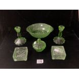 1930s GREEN GLASS DRESSING TABLE PIECES AND BOWL.