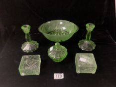 1930s GREEN GLASS DRESSING TABLE PIECES AND BOWL.