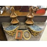 TWO SMALL CORNER SHELF BRACKETS, TWO GILT WALL BRACKETS, 2 SMALL GILT PICTURE FRAMES, METAL