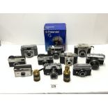 TEN VINTAGE CAMERAS, A POLAROID CAMERA AND 2 SMALL MODERN TELESCOPES.