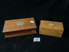 TWO VINTAGE WOODEN BOXES ONE WITH HALLMARKED SILVER PLAQUE; LARGEST 22CM