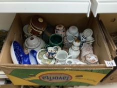 FRENCH SARREGUEMINS TOBACCO JAR, LARGE FLO BLUE TEA CUP AND SAUCER AND OTHER DECORATIVE PORCELAIN