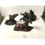 ORIENTAL CARVED HARDWOOD SCULPTURE OF FIGURE ON OX, 30X18 CMS, TWO BRONZE EFFECT FIGURES OF A