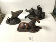 ORIENTAL CARVED HARDWOOD SCULPTURE OF FIGURE ON OX, 30X18 CMS, TWO BRONZE EFFECT FIGURES OF A