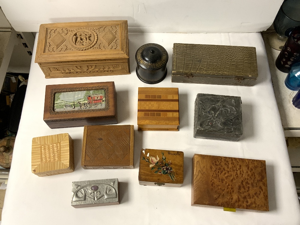 CARVED ORIENTAL SANDLEWOOD BOX, OTHER MIXED WOODEN BOXES AND TWO PEWTER MOUNTED CIGARETTE BOXES. - Image 2 of 6