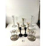 PAIR OF VINTAGE SILVER OVERLAY GLASS CANDLESTICKS; 12 CMS, PLAIN GLASS PAIR CANDLESTICKS, PAIR OF