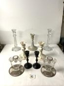 PAIR OF VINTAGE SILVER OVERLAY GLASS CANDLESTICKS; 12 CMS, PLAIN GLASS PAIR CANDLESTICKS, PAIR OF