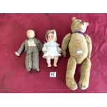 ARMAND MARSEILLE BISQUE HEAD DOLL, OLD TEDDY BEAR AND SOFT TOY FIGURE.