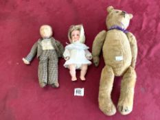 ARMAND MARSEILLE BISQUE HEAD DOLL, OLD TEDDY BEAR AND SOFT TOY FIGURE.
