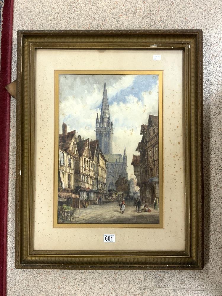 G COLVILLE WATERCOLOUR DRAWING OF A FRENCH STREET SCENE AT ' CAEN ', SIGNED; 54X34 CMS, (SOME
