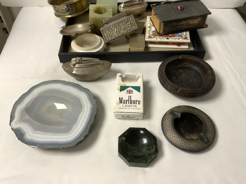 SMALL STERLING SILVER COIN ASHTRAY, PASSAL TABLE LIGHTER, 2 OTHER LIGHTERS, ONYX ITEMS, BIG PEWTER - Image 2 of 2