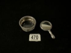 HALLMARKED SILVER MINIATURE HAND MIRROR DATED 1911 BY MARTIN HALL & CO; 8.5CM WITH A HALLMARKED