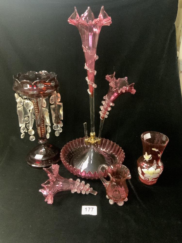 VICTORIAN CRANBERRY GLASS 3 BRANCH EPERGNE; 50 CMS [ 1 BRANCH BROKEN ], A CRANBERRY JUG AND VASE AND - Image 4 of 4