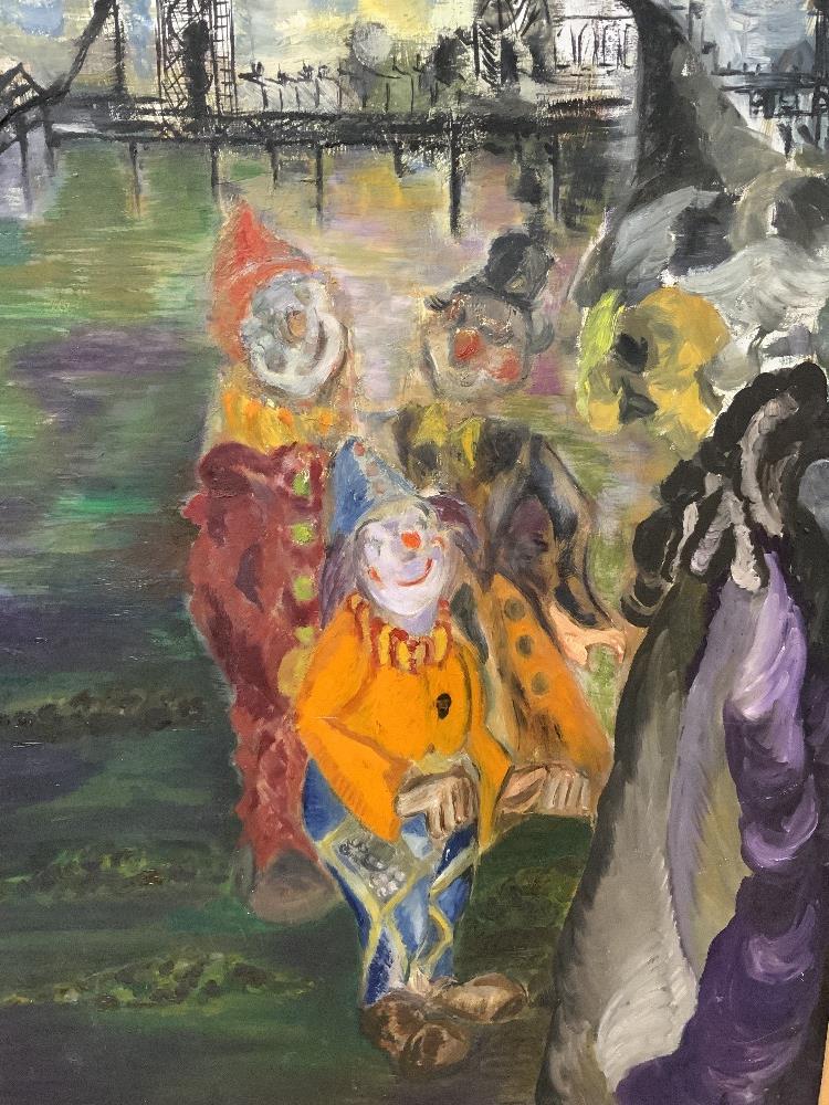 LARGE OIL ON BOARD OF CLOWNS 94 X 103CM - Image 2 of 4