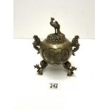 A 19TH-CENTURY CHINESE BRONZE GLOBULAR SHAPED KORO WITH CAST BIRD HANDLES AND FINIAL COVER ON