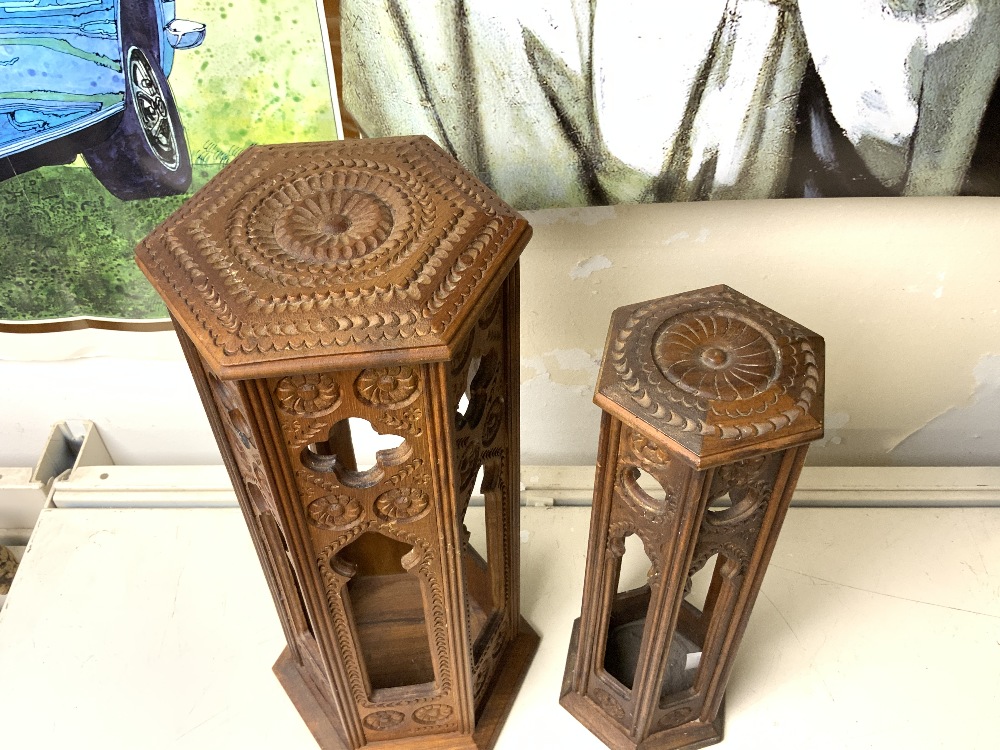 TWO CARVED SOFTWOOD HEXAGONAL MOORISH STANDS; 33CMS. - Image 2 of 3