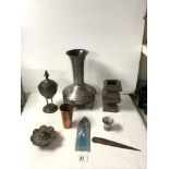 ARTS AND CRAFTS BEATEN COPPER AND ZINC VASE, STAMPED KAYSE, 34 CMS, EASTER METAL INCENSE BURNER, AND